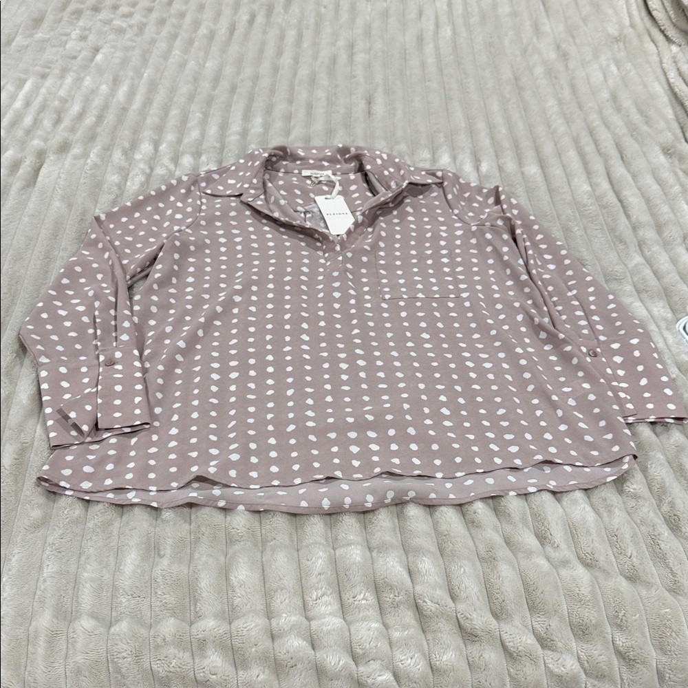 Pleione Mauve Pink Polka Dot Button-Down Blouse